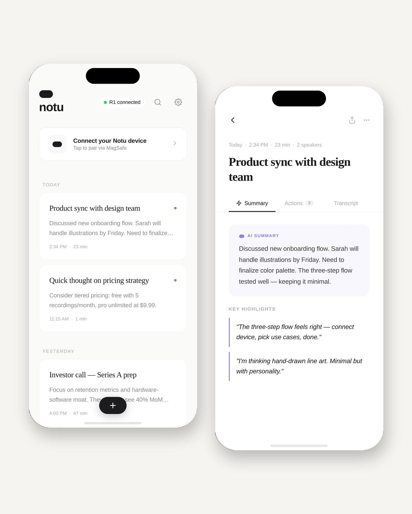 The notu iOS app — home screen with R1 connected and an AI summary with key highlights and action items