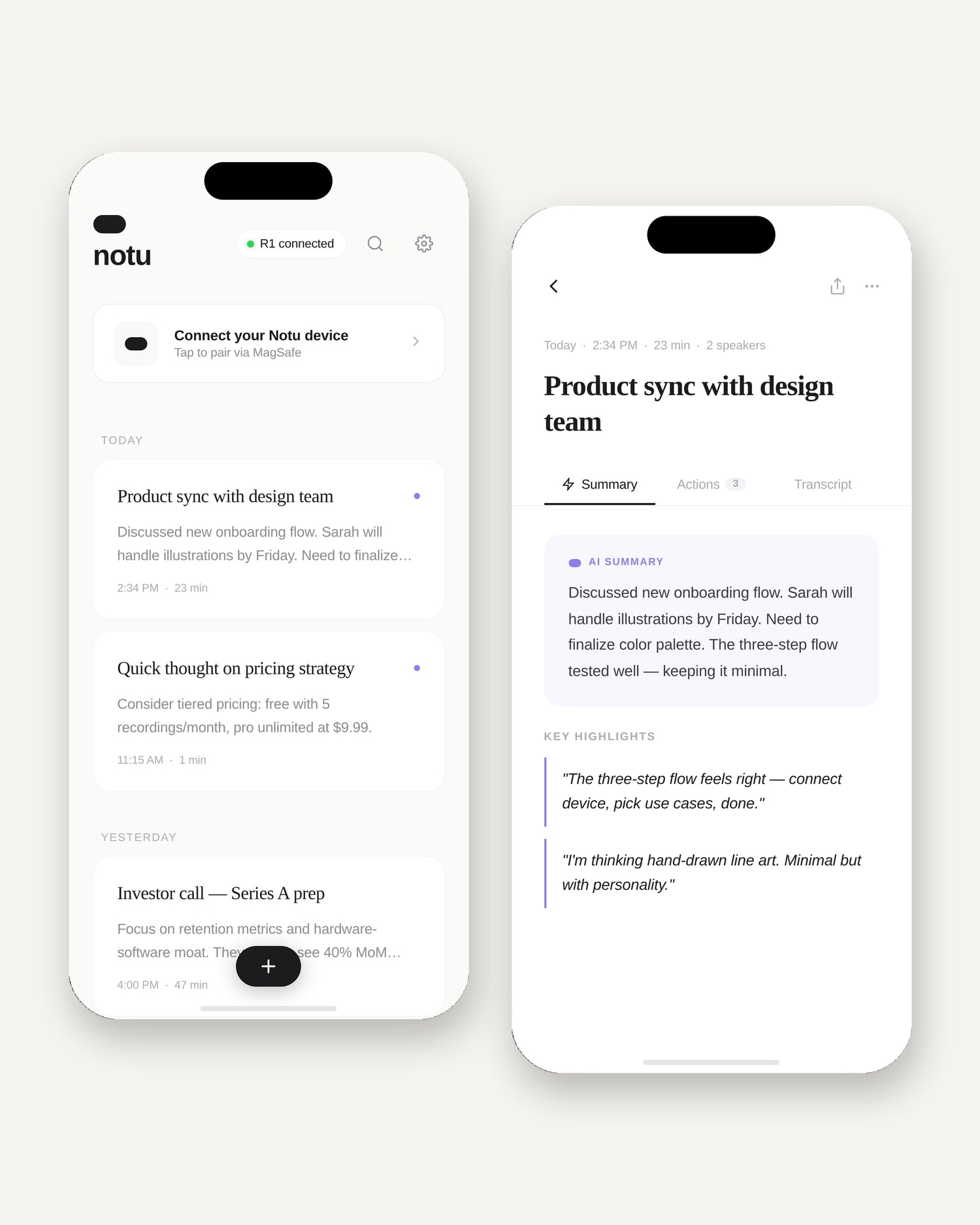 The notu iOS app — home screen with R1 connected and an AI summary with key highlights and action items