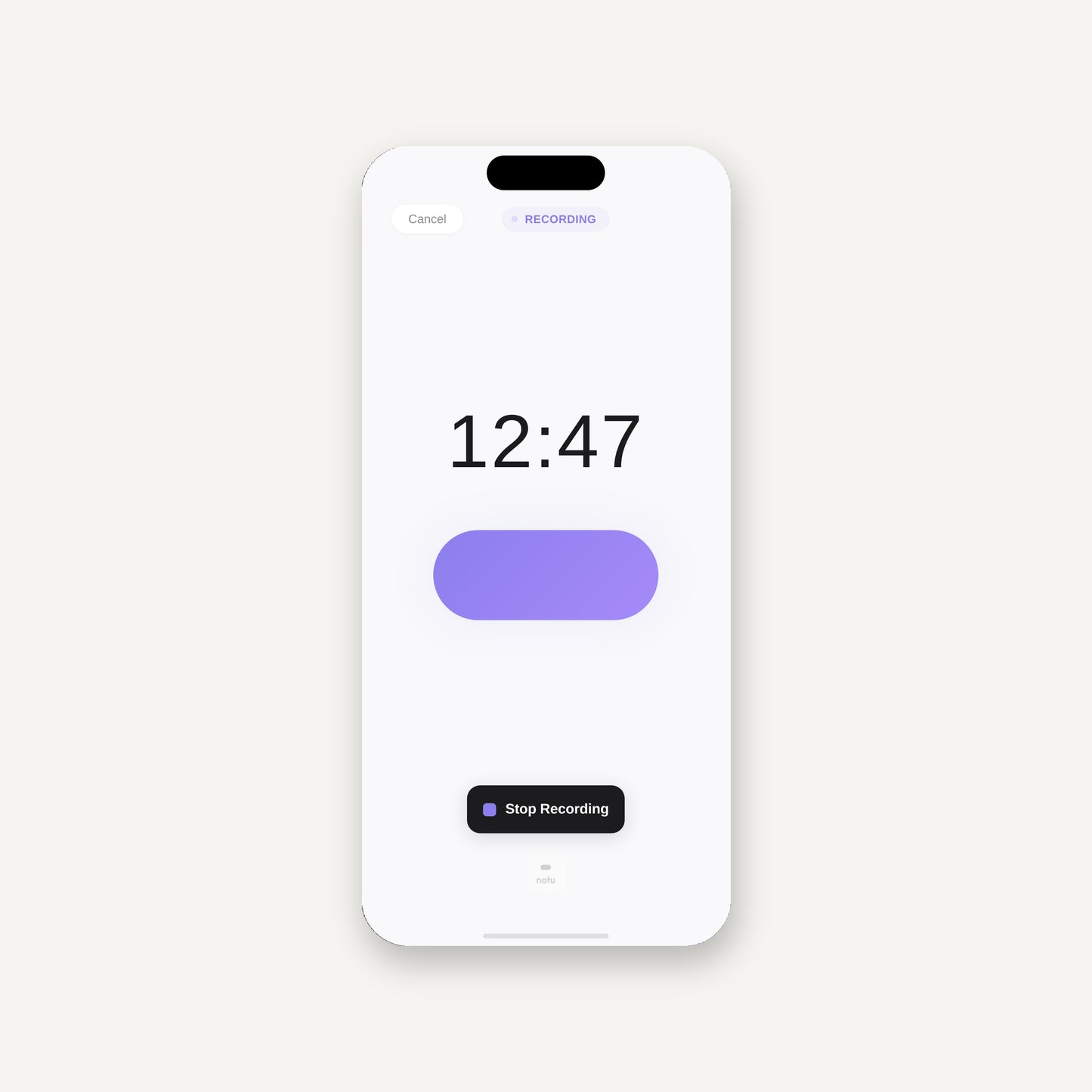 The notu iOS app recording screen — one tap to record, live timer