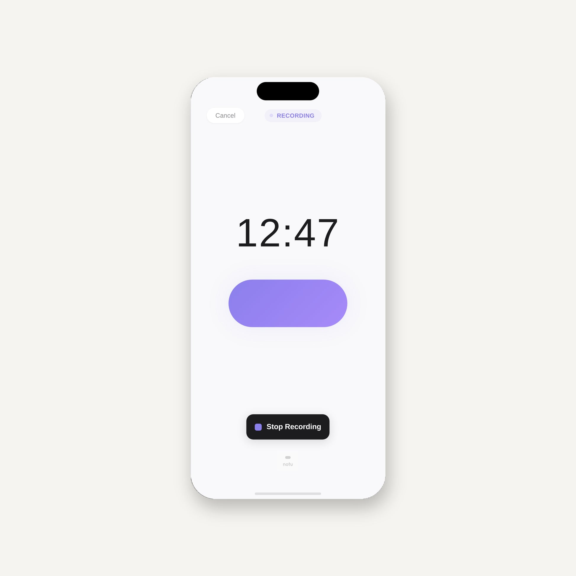 The notu iOS app recording screen — one tap to record, live timer