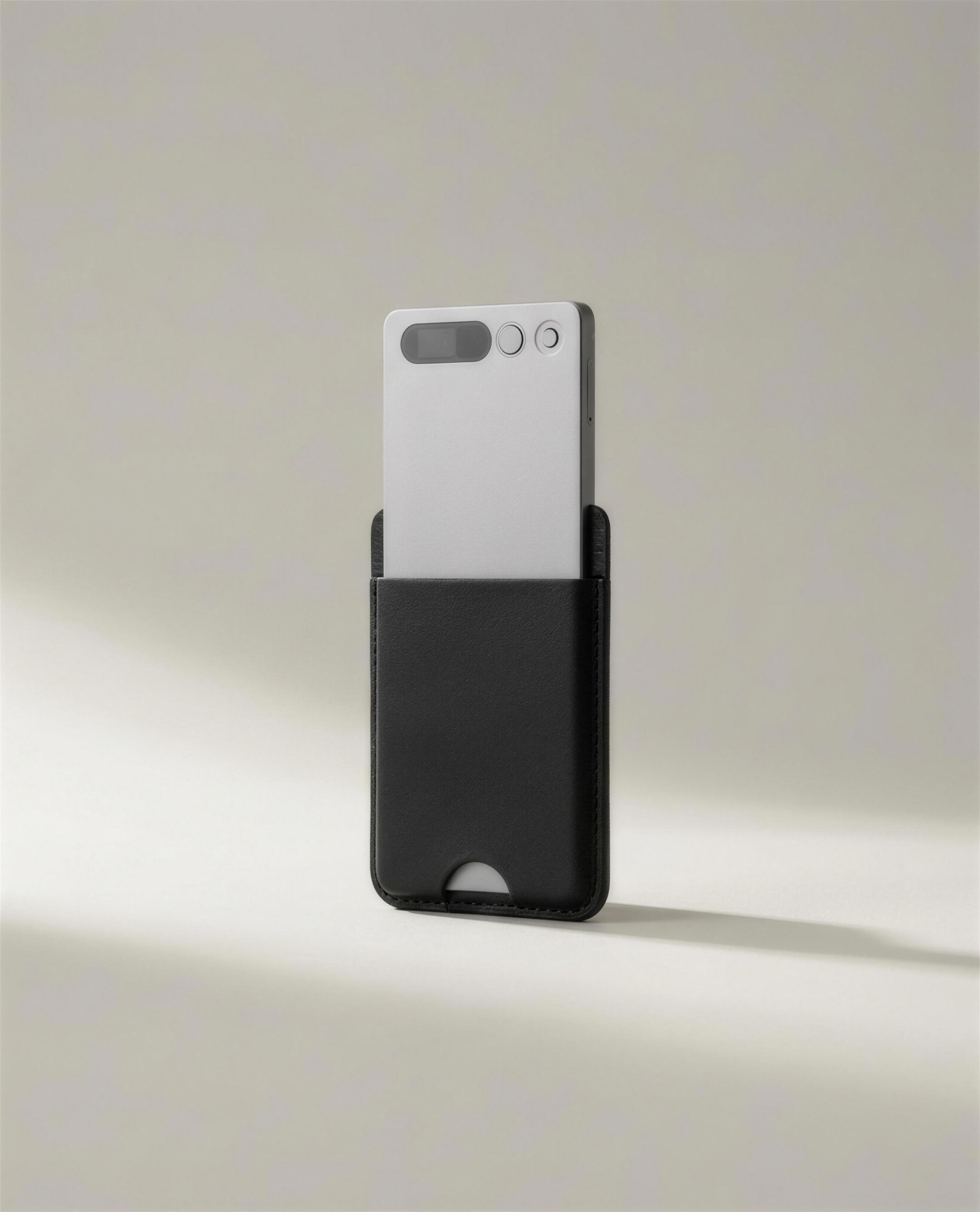 notu R1 Pro standing upright — matte silver aluminum recorder card half-drawn from its black leather MagSafe wallet, warm grey studio background